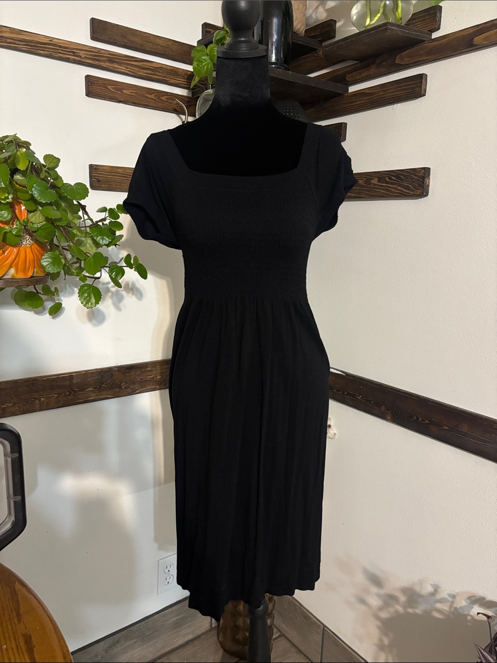 Classic Black Smocked Bodice Midi Dress